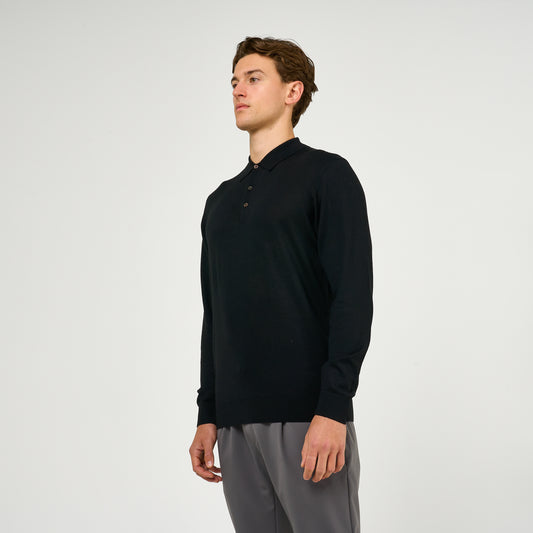 Extra Fine Wool Long Sleeve Polo Black