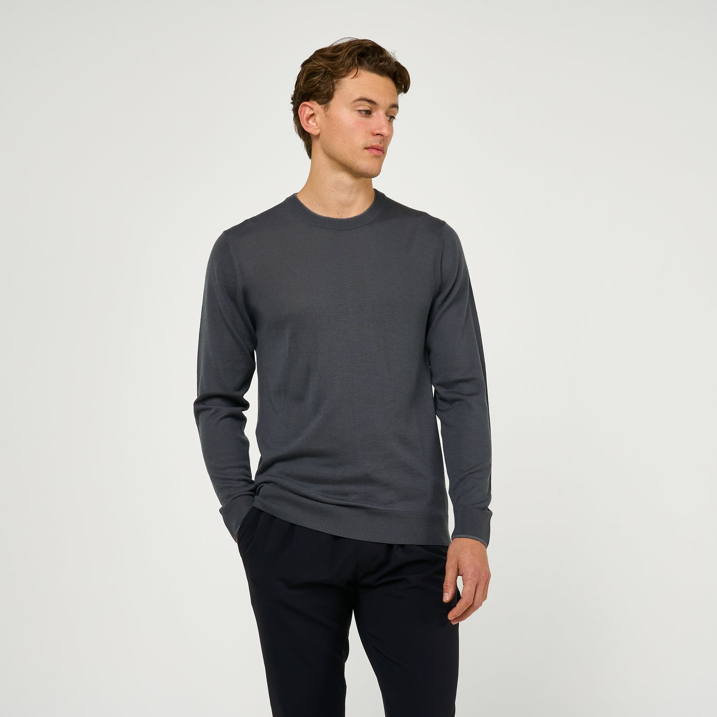 Extra Fine Wool Double Lined Crew Neck Jumper Grey