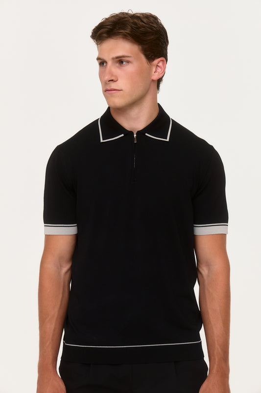 Black Rylon Zip Knit Polo