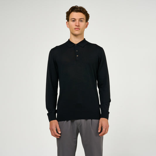 Extra Fine Wool Long Sleeve Polo Black