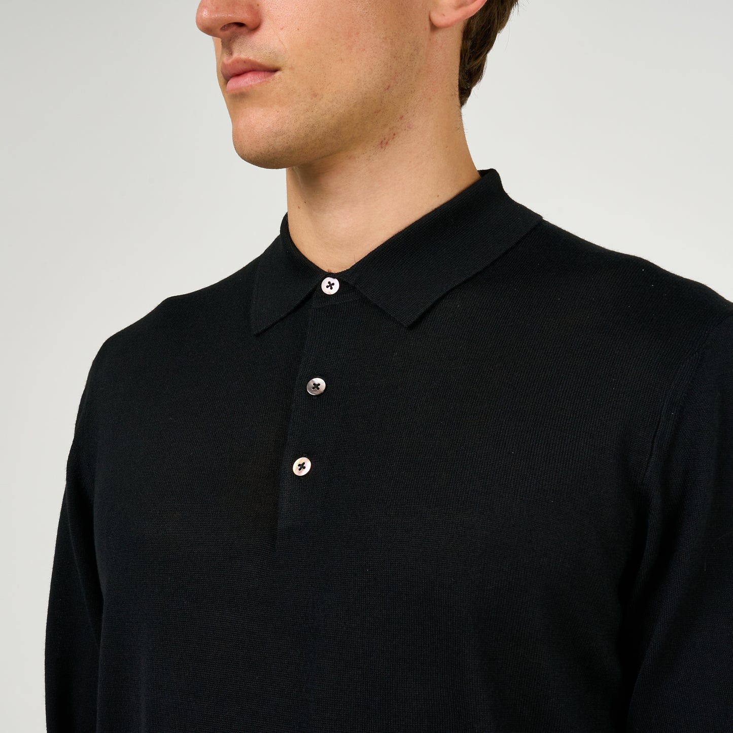 Extra Fine Wool Long Sleeve Polo Black