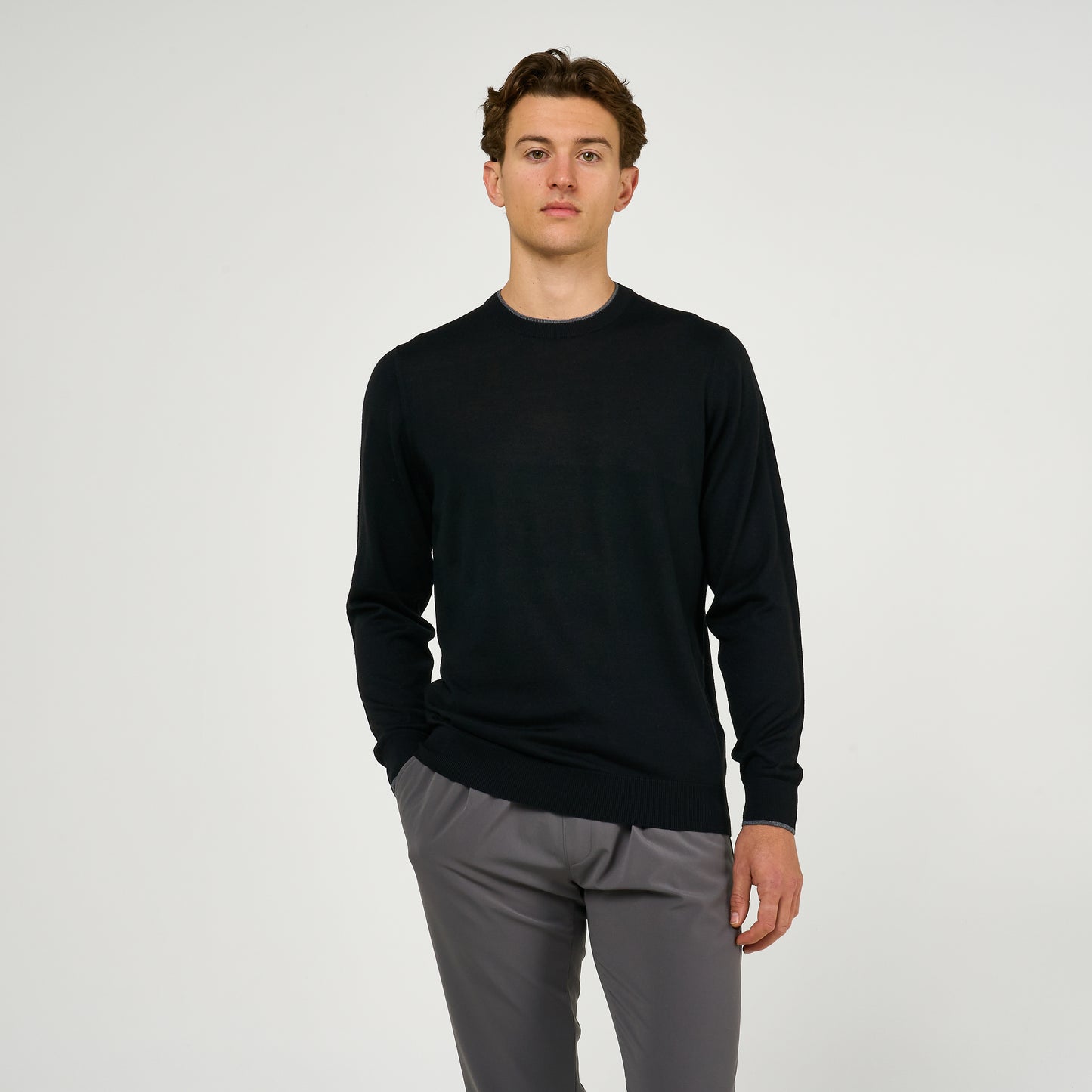 Extra Fine Wool Faux-Layered Crew Neck Jumper Black