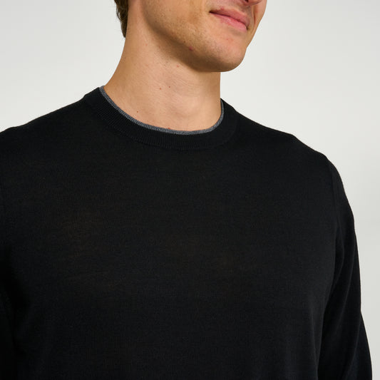 Extra Fine Wool Faux-Layered Crew Neck Jumper Black