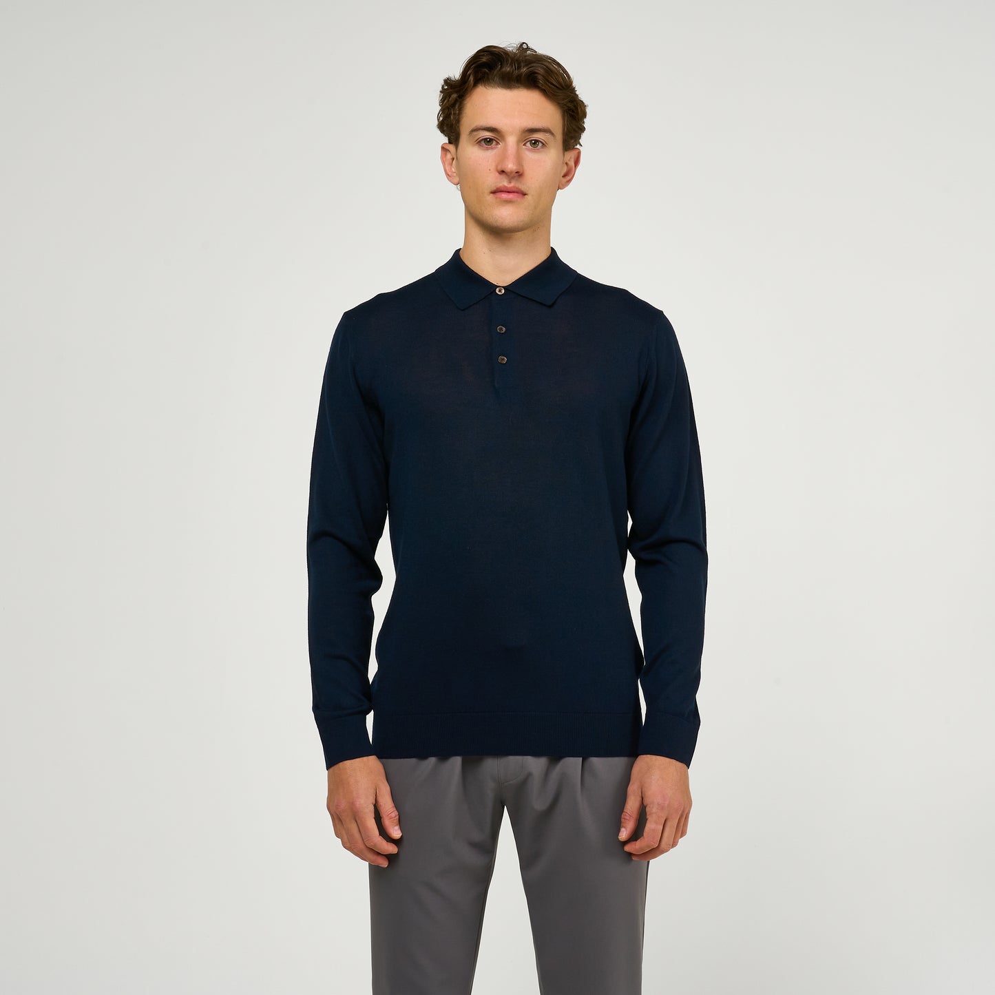 Extra Fine Wool Long Sleeve Polo Navy