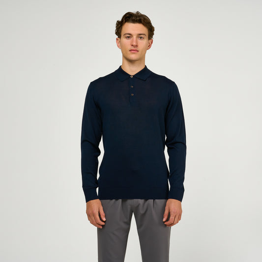 Extra Fine Wool Long Sleeve Polo Navy