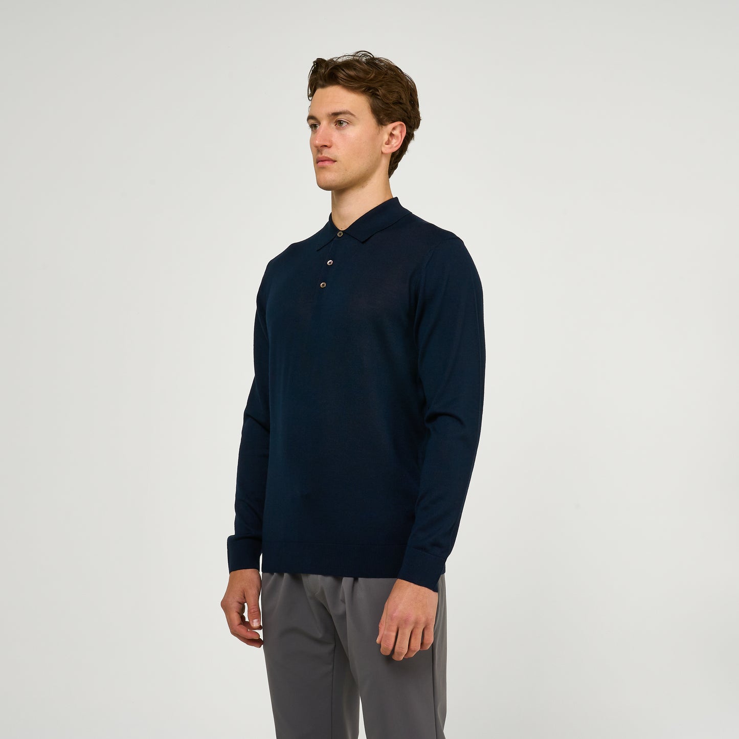 Extra Fine Wool Long Sleeve Polo Navy