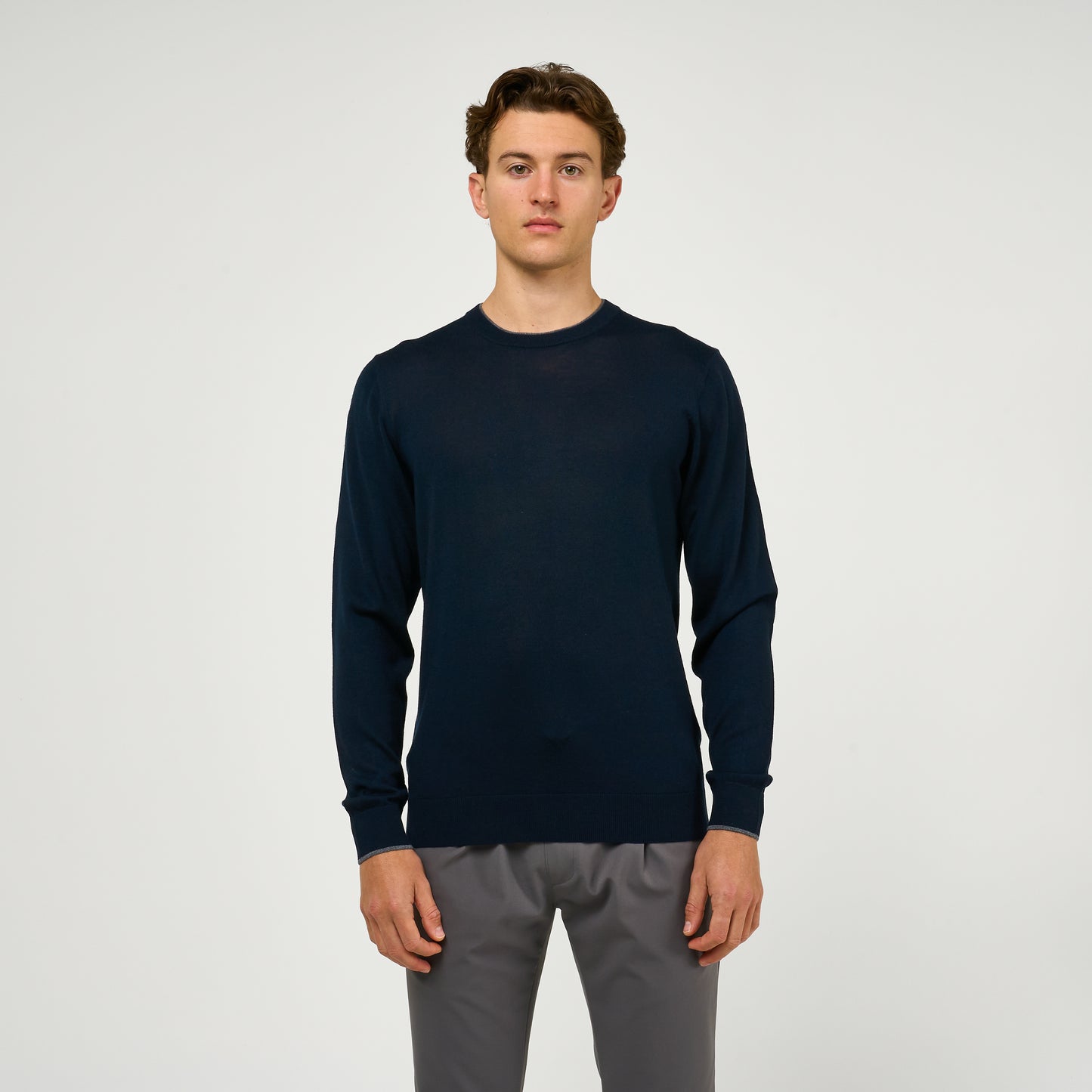 Extra Fine Wool Double Lined Crew Neck Jumper Navy