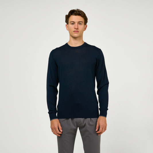Extra Fine Wool Double Lined Crew Neck Jumper Navy