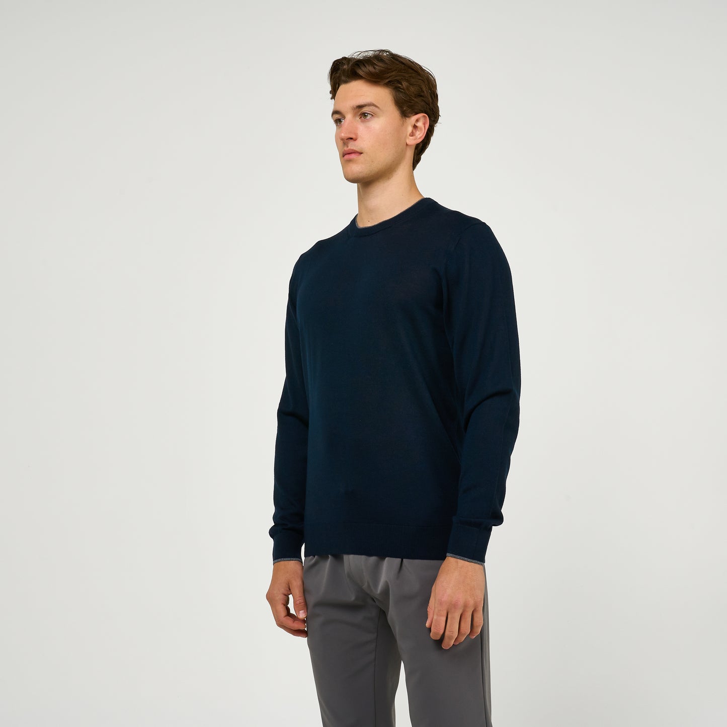Extra Fine Wool Double Lined Crew Neck Jumper Navy
