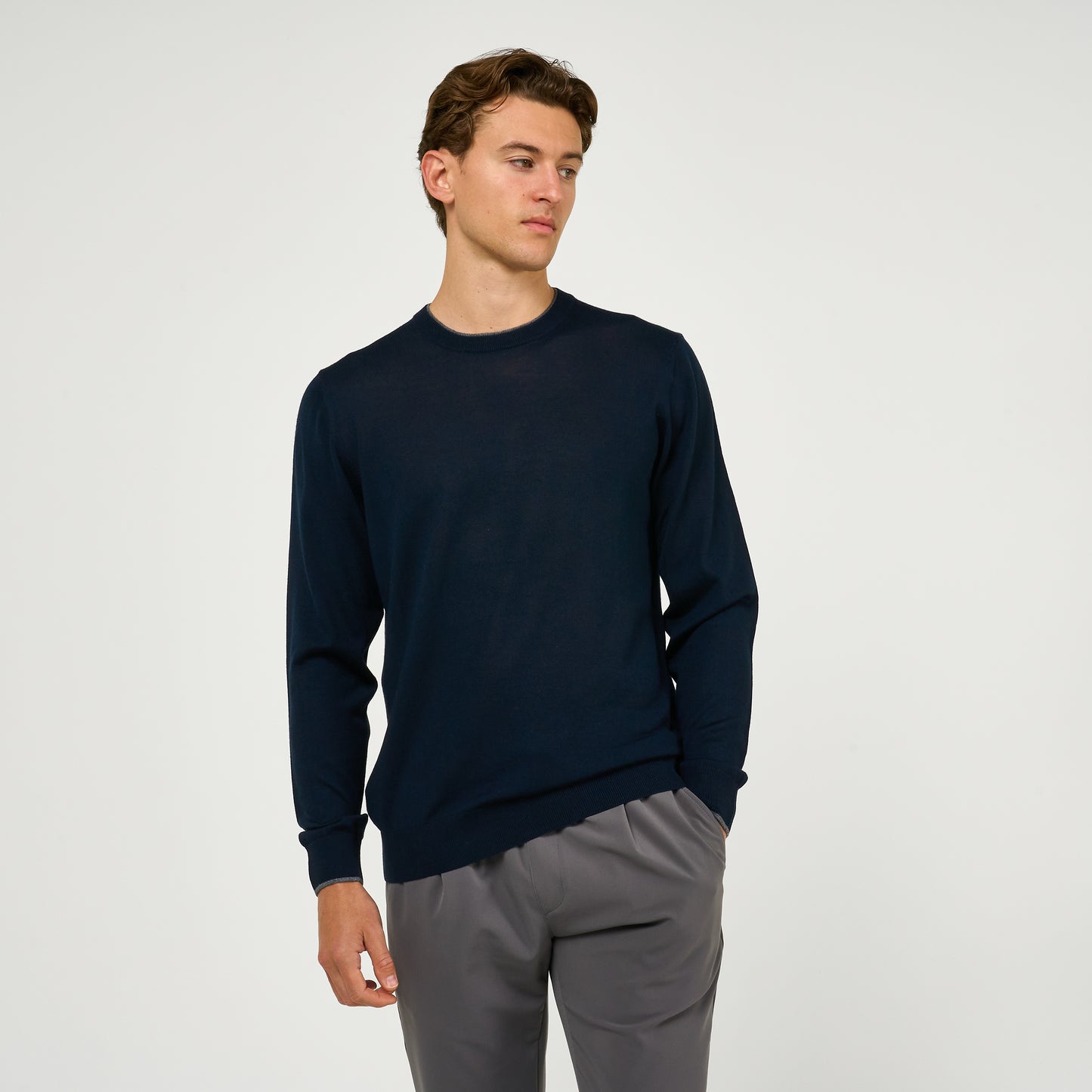 Extra Fine Wool Double Lined Crew Neck Jumper Navy