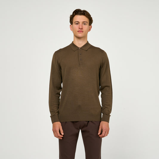 Extra Fine Wool Long Sleeve Polo Brown