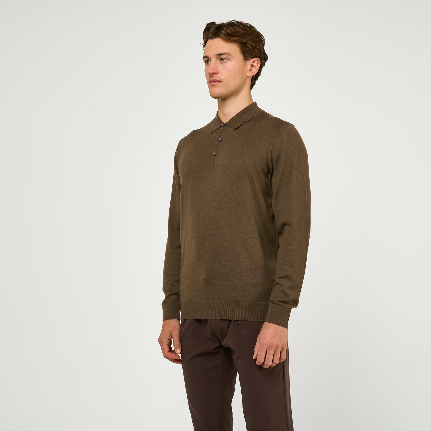 Extra Fine Wool Long Sleeve Polo Brown