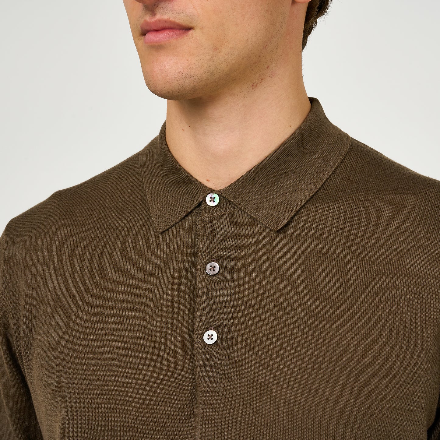 Extra Fine Wool Long Sleeve Polo Brown