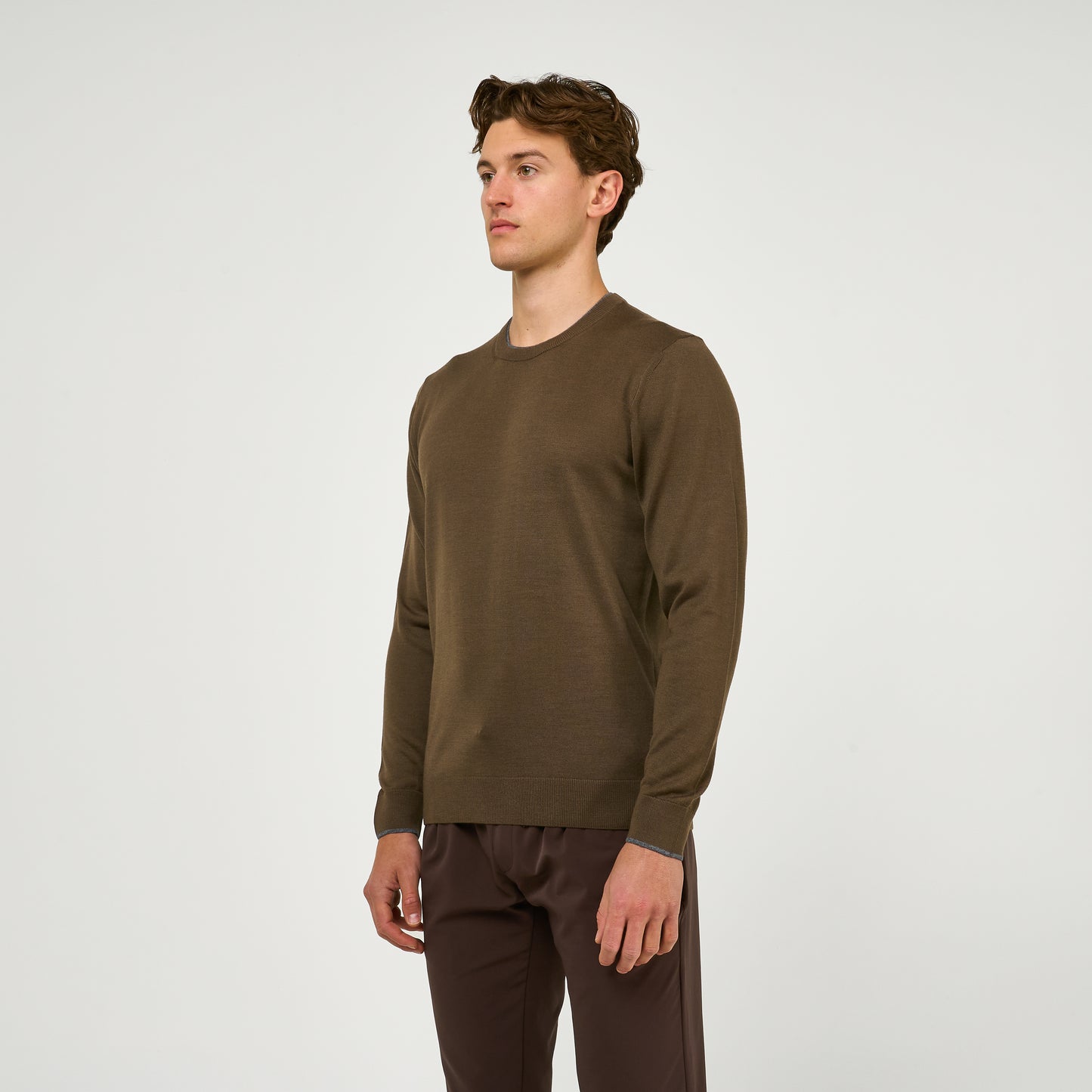 Extra Fine Wool Double Lined Crew Neck Jumper Brown
