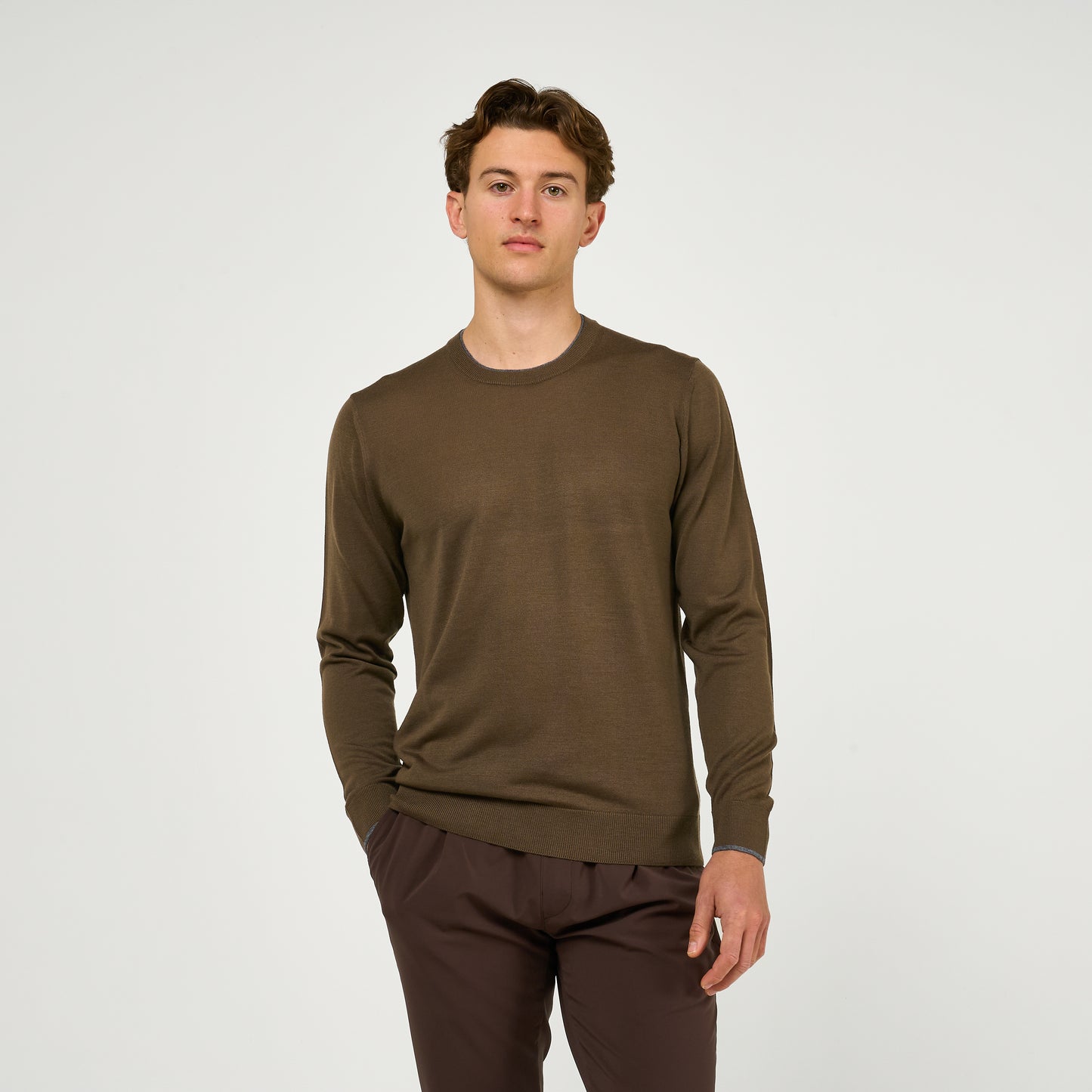 Extra Fine Wool Double Lined Crew Neck Jumper Brown