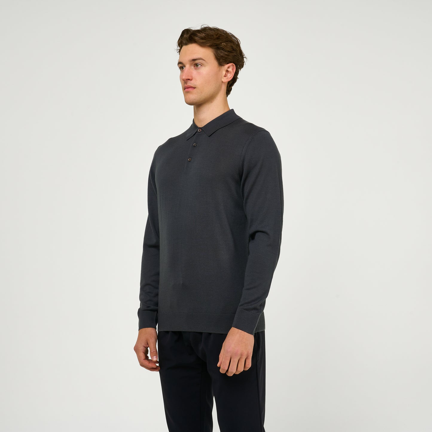 Extra Fine Wool Long Sleeve Polo Grey