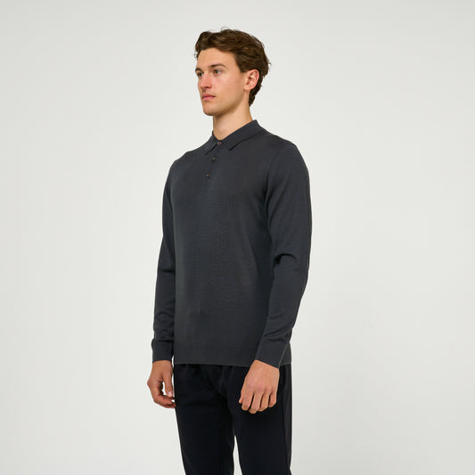 Extra Fine Wool Long Sleeve Polo Grey