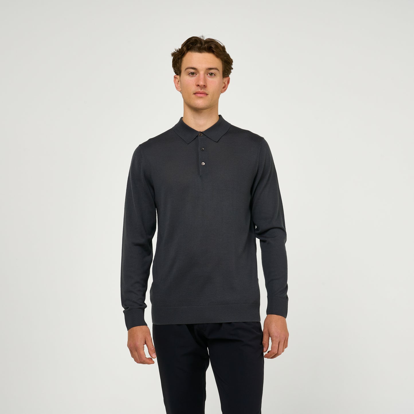 Extra Fine Wool Long Sleeve Polo Grey