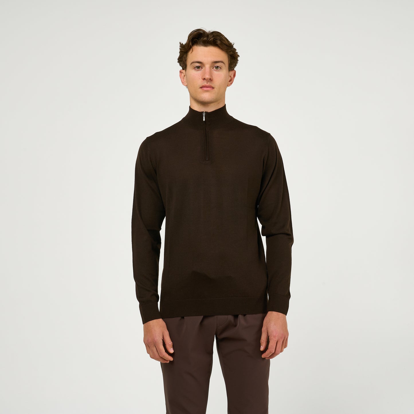 Extra Fine Wool Half Zip Brown