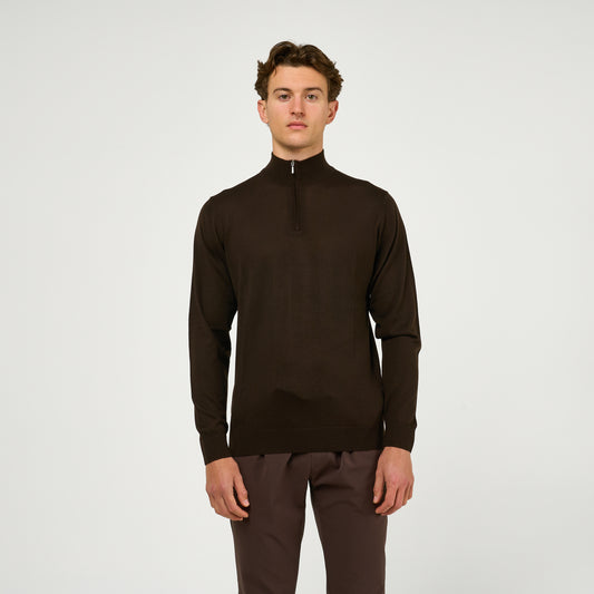 Extra Fine Wool Half Zip Brown
