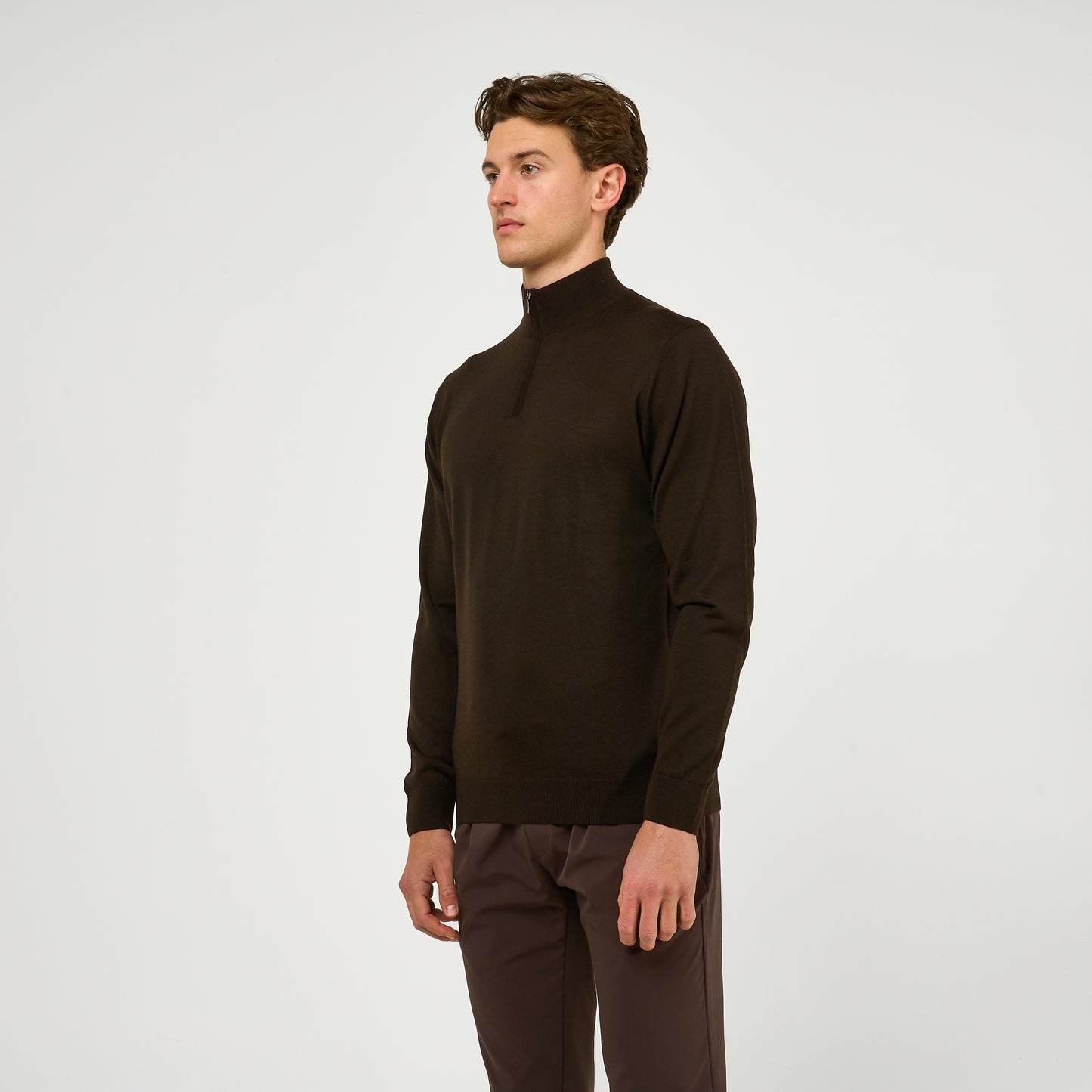 Extra Fine Wool Half Zip Brown