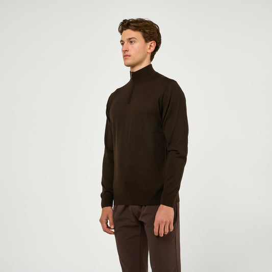 Extra Fine Wool Half Zip Brown