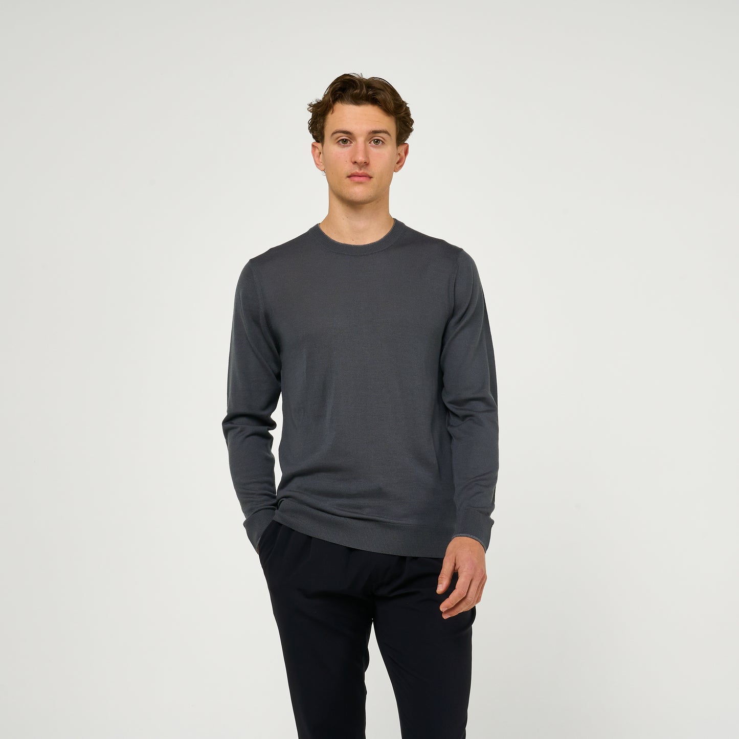 Extra Fine Wool Double Lined Crew Neck Jumper Grey