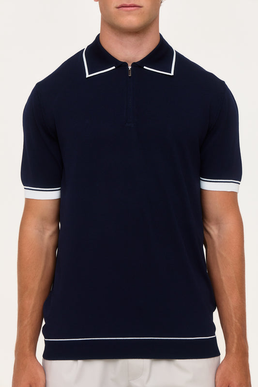 Navy Rylon Zip Knit Polo